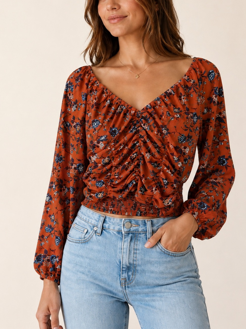 Free People New Final Rose Blouse Ruched Floral Boho Rust Orange XS
